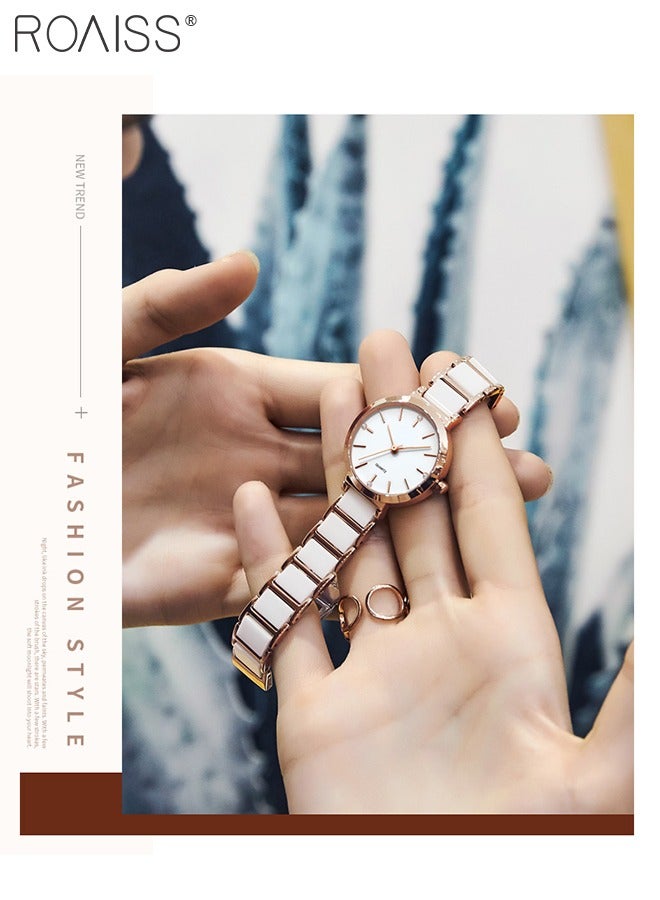 Women's Ceramic Strap Quartz Watch Analog Display Round White Dial Decorated with Diamonds Waterproof Simple Stylish Wristwatch as Gift for Ladies