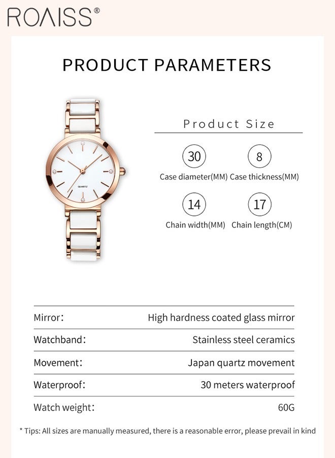 Women's Ceramic Strap Quartz Watch Analog Display Round White Dial Decorated with Diamonds Waterproof Simple Stylish Wristwatch as Gift for Ladies