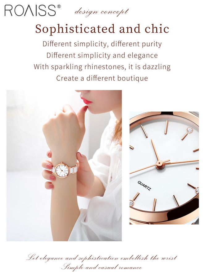 Women's Ceramic Strap Quartz Watch Analog Display Round White Dial Decorated with Diamonds Waterproof Simple Stylish Wristwatch as Gift for Ladies