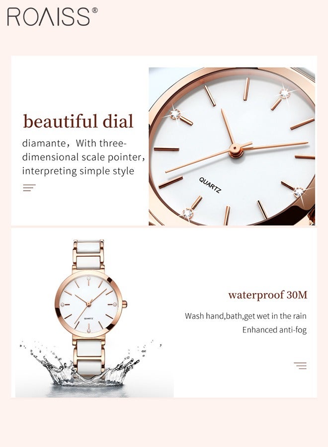 Women's Ceramic Strap Quartz Watch Analog Display Round White Dial Decorated with Diamonds Waterproof Simple Stylish Wristwatch as Gift for Ladies