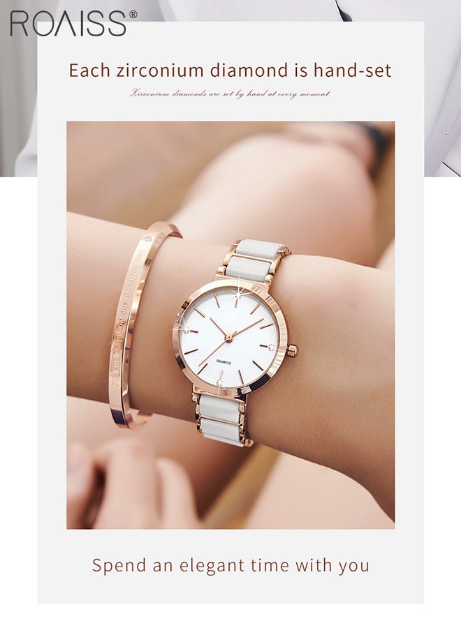 Women's Ceramic Strap Quartz Watch Analog Display Round White Dial Decorated with Diamonds Waterproof Simple Stylish Wristwatch as Gift for Ladies