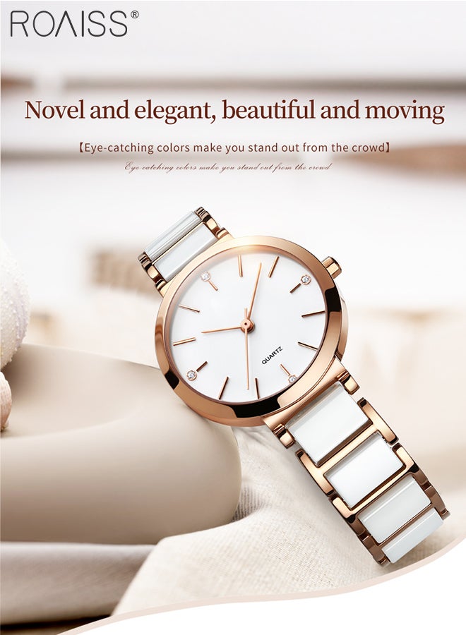 Women's Ceramic Strap Quartz Watch Analog Display Round White Dial Decorated with Diamonds Waterproof Simple Stylish Wristwatch as Gift for Ladies