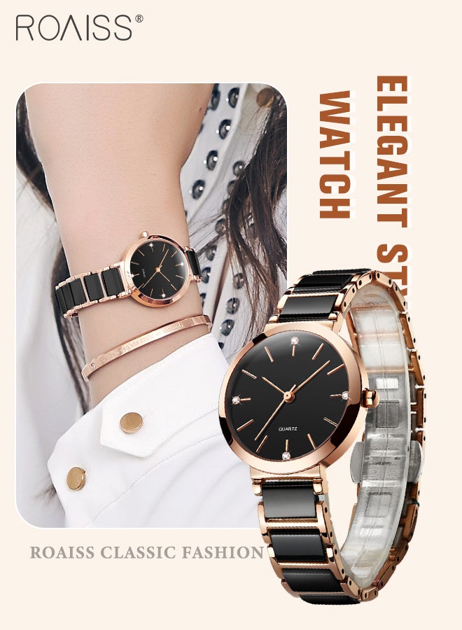 Women's Ceramic Strap Quartz Watch Analog Display Round Black Dial Decorated with Diamonds Waterproof Simple Stylish Wristwatch as Gift for Ladies