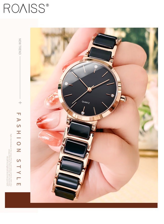 Women's Ceramic Strap Quartz Watch Analog Display Round Black Dial Decorated with Diamonds Waterproof Simple Stylish Wristwatch as Gift for Ladies