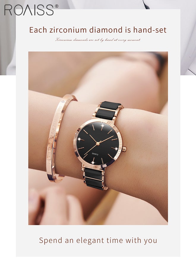 Women's Ceramic Strap Quartz Watch Analog Display Round Black Dial Decorated with Diamonds Waterproof Simple Stylish Wristwatch as Gift for Ladies