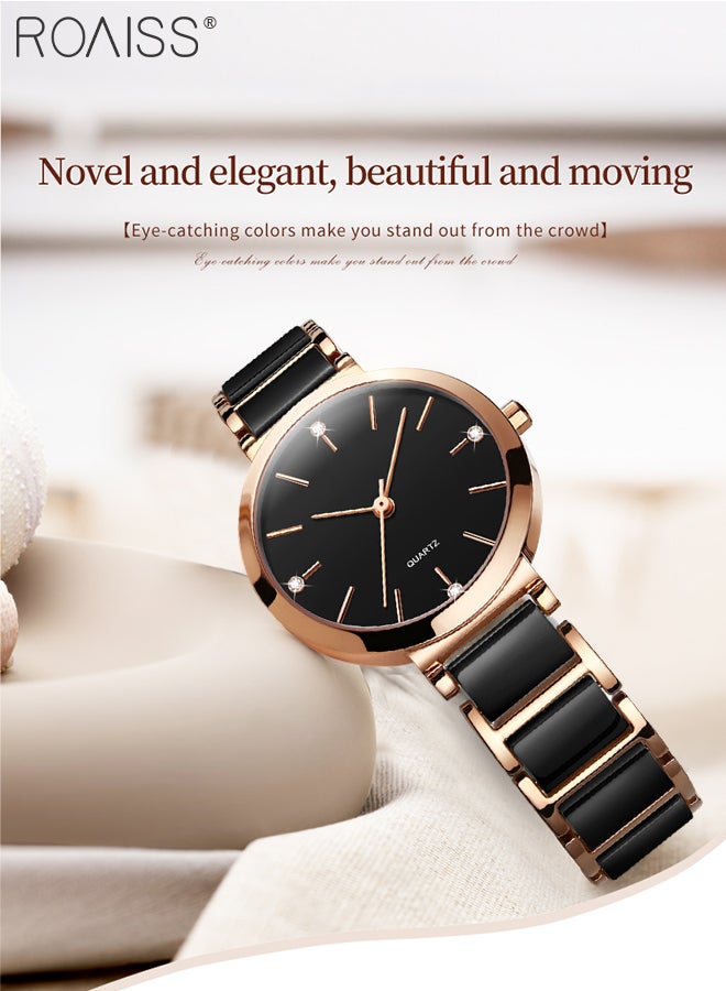 Women's Ceramic Strap Quartz Watch Analog Display Round Black Dial Decorated with Diamonds Waterproof Simple Stylish Wristwatch as Gift for Ladies