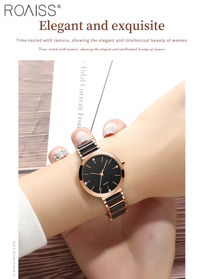 Women's Ceramic Strap Quartz Watch Analog Display Round Black Dial Decorated with Diamonds Waterproof Simple Stylish Wristwatch as Gift for Ladies