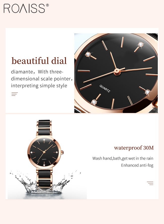 Women's Ceramic Strap Quartz Watch Analog Display Round Black Dial Decorated with Diamonds Waterproof Simple Stylish Wristwatch as Gift for Ladies