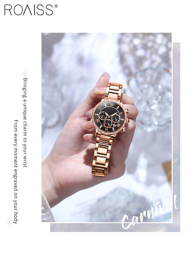 Women's Steel Strap Chronograph Quartz Watch Round Dial with Diamonds Decoration and Date Display Waterproof Luxurious Luminous Wristwatch as Gift for Ladies