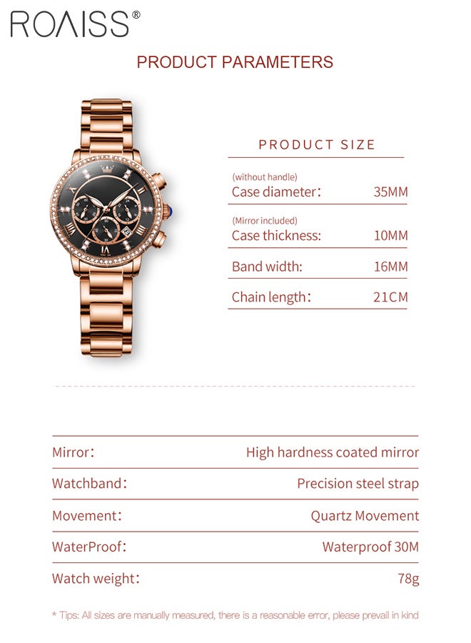 Women's Steel Strap Chronograph Quartz Watch Round Dial with Diamonds Decoration and Date Display Waterproof Luxurious Luminous Wristwatch as Gift for Ladies