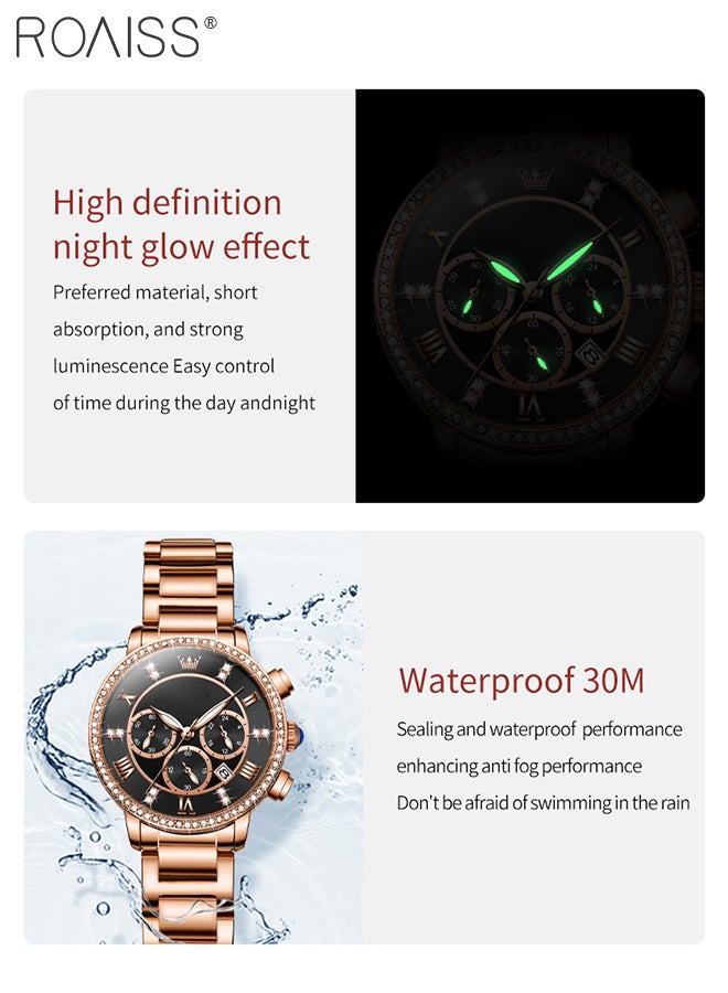 Women's Steel Strap Chronograph Quartz Watch Round Dial with Diamonds Decoration and Date Display Waterproof Luxurious Luminous Wristwatch as Gift for Ladies