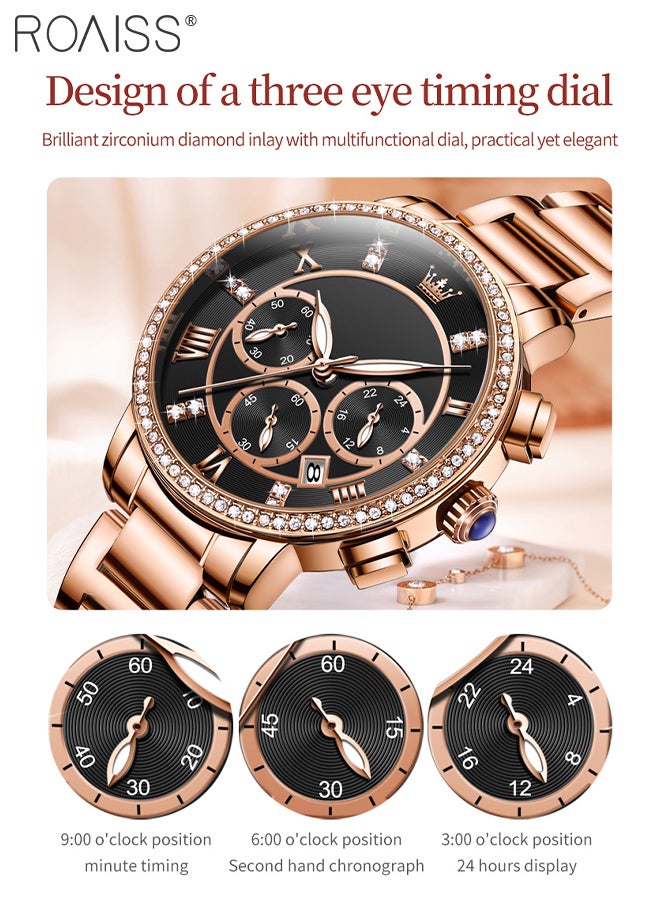 Women's Steel Strap Chronograph Quartz Watch Round Dial with Diamonds Decoration and Date Display Waterproof Luxurious Luminous Wristwatch as Gift for Ladies