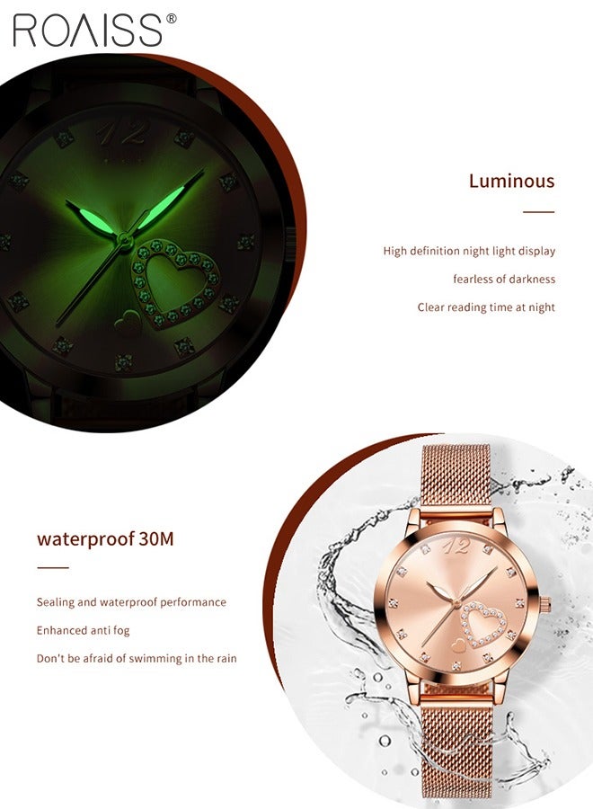 Women's Mesh Steel Strap Quartz Watch Analog Display Round Dial with Romantic Heart Design and Rhinestones Decoration Waterproof Luminous Luxurious Wristwatch as Gift for Ladies