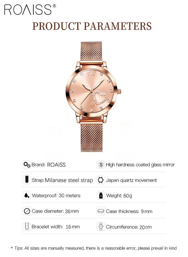 Women's Mesh Steel Strap Quartz Watch Analog Display Round Dial with Romantic Heart Design and Rhinestones Decoration Waterproof Luminous Luxurious Wristwatch as Gift for Ladies