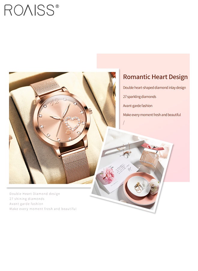 Women's Mesh Steel Strap Quartz Watch Analog Display Round Dial with Romantic Heart Design and Rhinestones Decoration Waterproof Luminous Luxurious Wristwatch as Gift for Ladies