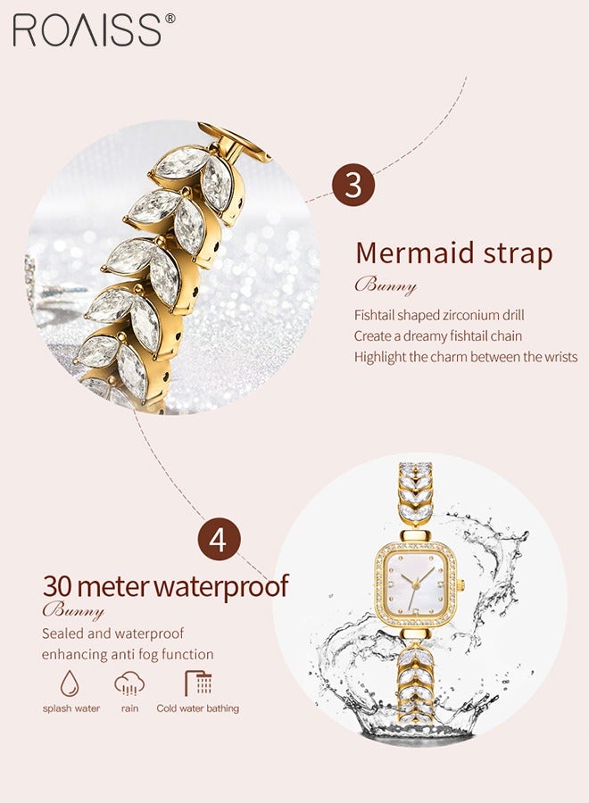 Women's Mermaid Strap Quartz Watch Analog Display Square Fritillaria Dial and Zirconia Diamonds Decoration Waterproof Luxurious Wristwatch as Gift for Ladies