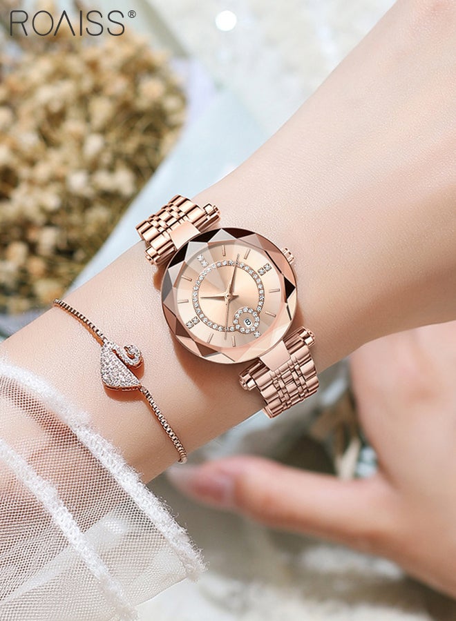 Women's Steel Strap Quartz Watch Analog Display Round Dial with Zirconium Diamonds Decoration and Rhombus Cut Design Waterproof Luxurious Wristwatch as Gift for Ladies