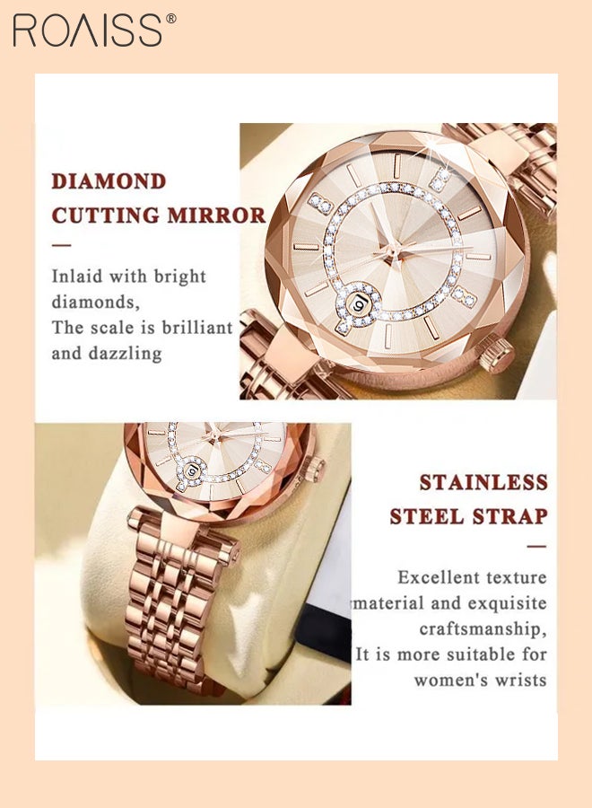 Women's Steel Strap Quartz Watch Analog Display Round Dial with Zirconium Diamonds Decoration and Rhombus Cut Design Waterproof Luxurious Wristwatch as Gift for Ladies