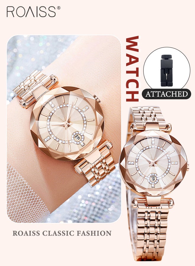 Women's Steel Strap Quartz Watch Analog Display Round Dial with Zirconium Diamonds Decoration and Rhombus Cut Design Waterproof Luxurious Wristwatch as Gift for Ladies