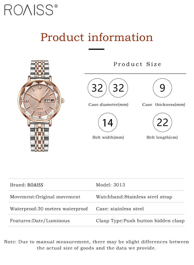 Women's Steel Strap Quartz Watch Analog Display Round Dial with Zirconium Diamonds Decoration and Rhombus Cut Design Waterproof Luminous Luxurious Wristwatch as Gift for Ladies