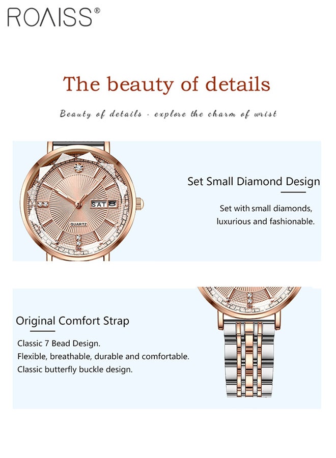 Women's Steel Strap Quartz Watch Analog Display Round Dial with Zirconium Diamonds Decoration and Rhombus Cut Design Waterproof Luminous Luxurious Wristwatch as Gift for Ladies