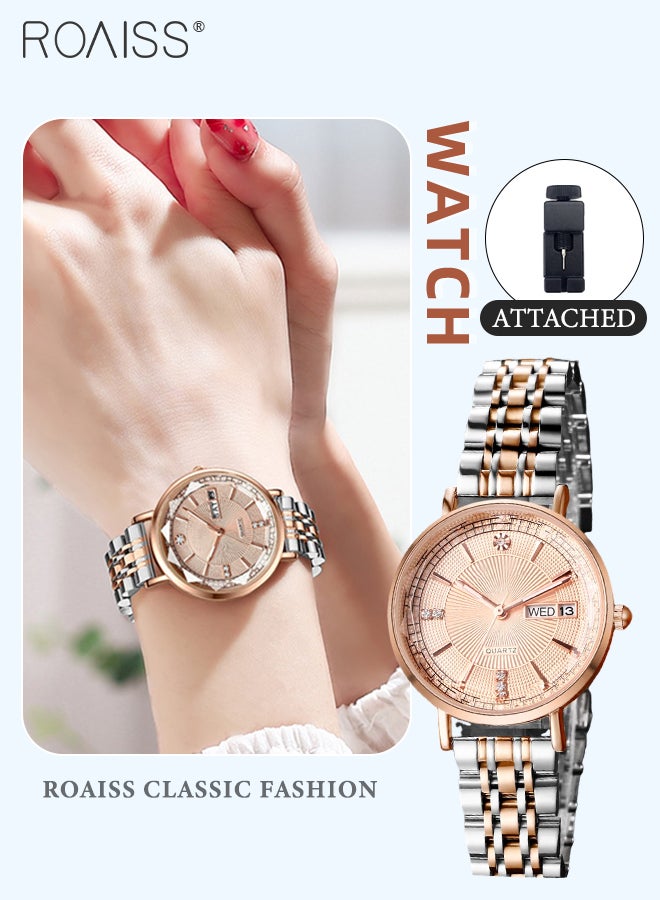 Women's Steel Strap Quartz Watch Analog Display Round Dial with Zirconium Diamonds Decoration and Rhombus Cut Design Waterproof Luminous Luxurious Wristwatch as Gift for Ladies