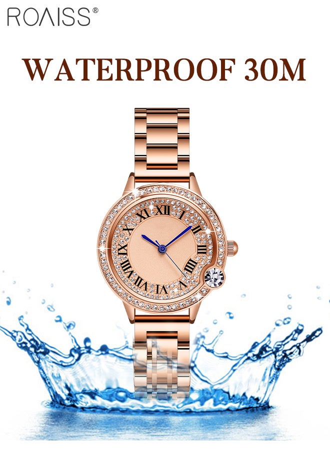 Women's Steel Strap Quartz Watch Analog Display Round Dial with Zirconium Diamonds Decoration and Roman Scale Waterproof Luxurious Wristwatch as Gift for Ladies