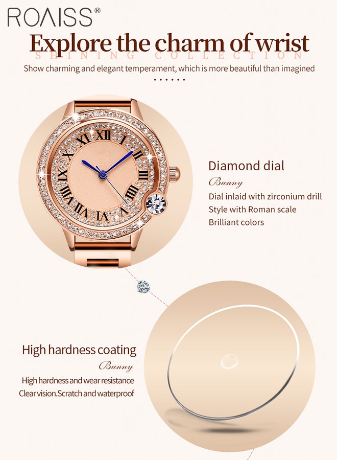 Women's Steel Strap Quartz Watch Analog Display Round Dial with Zirconium Diamonds Decoration and Roman Scale Waterproof Luxurious Wristwatch as Gift for Ladies