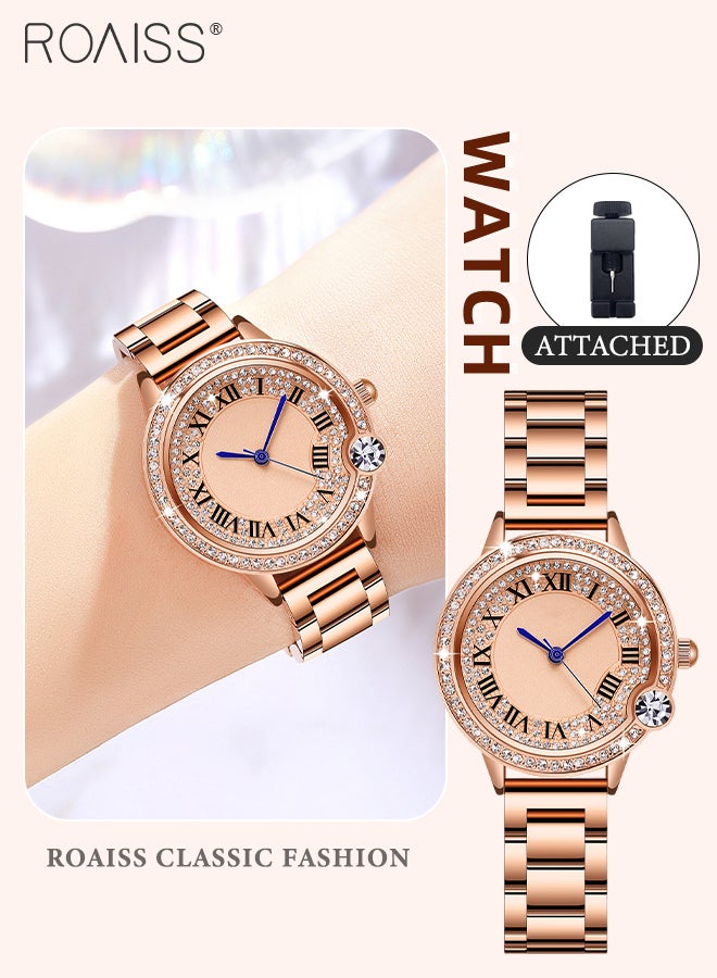 Women's Steel Strap Quartz Watch Analog Display Round Dial with Zirconium Diamonds Decoration and Roman Scale Waterproof Luxurious Wristwatch as Gift for Ladies