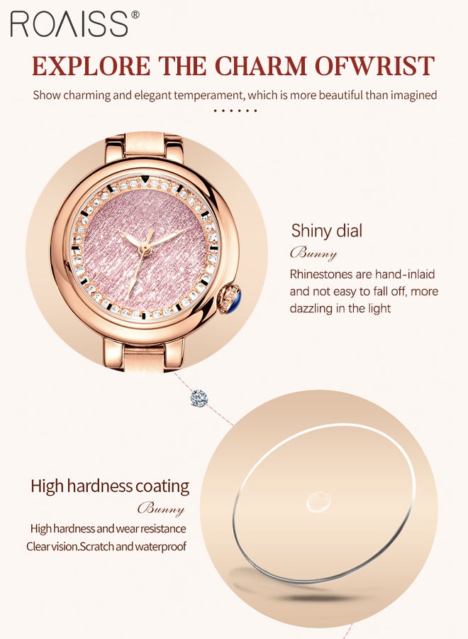 Women's Steel Strap Quartz Watch Analog Display Round Pink Shiny Dial with Rhinestones Decoration Waterproof Luxurious Wristwatch as Gift for Ladies