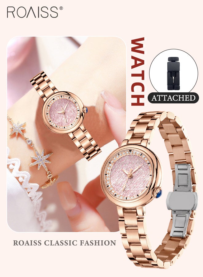 Women's Steel Strap Quartz Watch Analog Display Round Pink Shiny Dial with Rhinestones Decoration Waterproof Luxurious Wristwatch as Gift for Ladies