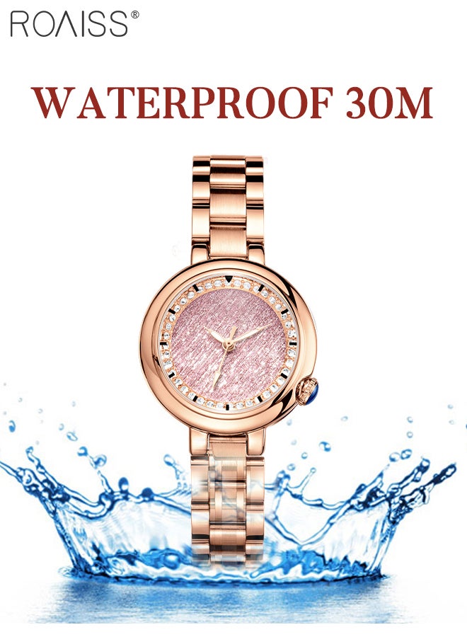 Women's Steel Strap Quartz Watch Analog Display Round Pink Shiny Dial with Rhinestones Decoration Waterproof Luxurious Wristwatch as Gift for Ladies