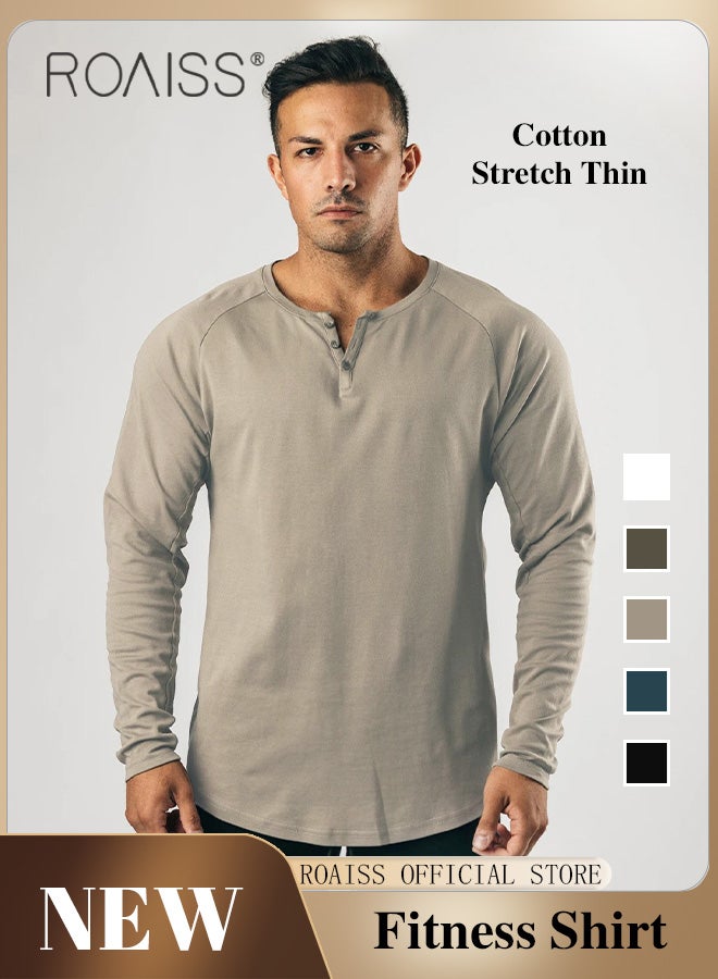 Men Long Sleeve Henley Shirts Muscle Slim Fit V Neck Button Pure Cotton T Shirt Fitness Bottoming Elastic Shirt for Gym or Casual Time