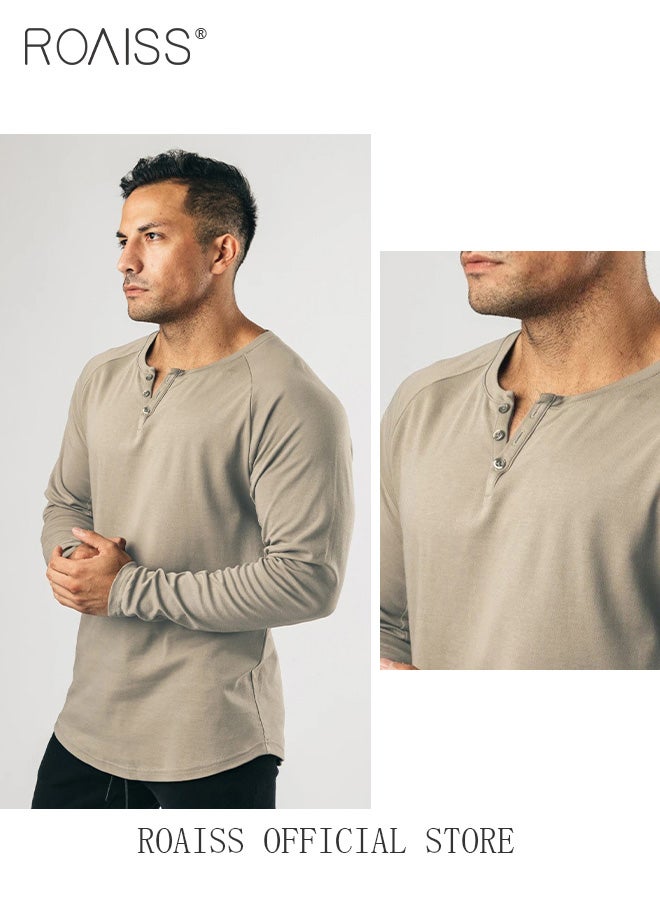 Men Long Sleeve Henley Shirts Muscle Slim Fit V Neck Button Pure Cotton T Shirt Fitness Bottoming Elastic Shirt for Gym or Casual Time