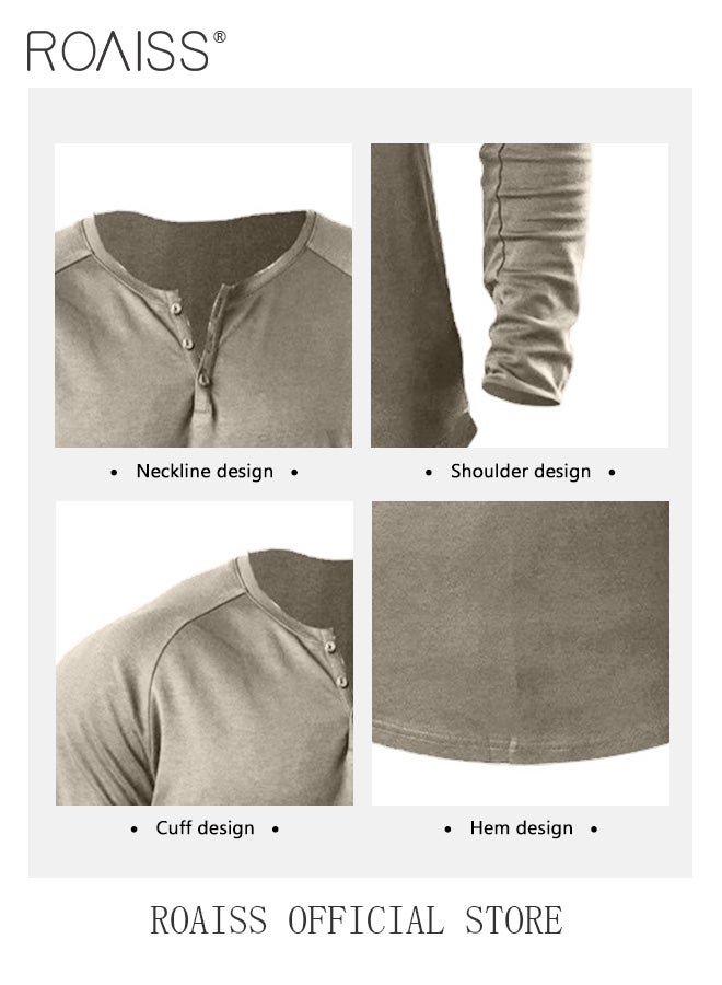 Men Long Sleeve Henley Shirts Muscle Slim Fit V Neck Button Pure Cotton T Shirt Fitness Bottoming Elastic Shirt for Gym or Casual Time