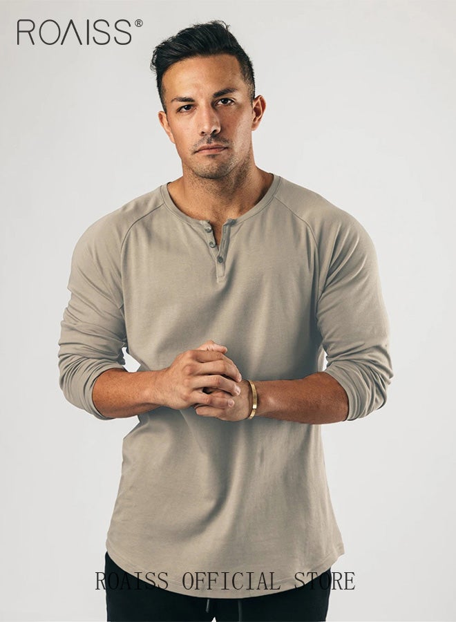 Men Long Sleeve Henley Shirts Muscle Slim Fit V Neck Button Pure Cotton T Shirt Fitness Bottoming Elastic Shirt for Gym or Casual Time
