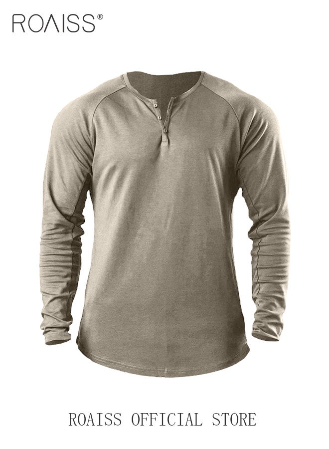 Men Long Sleeve Henley Shirts Muscle Slim Fit V Neck Button Pure Cotton T Shirt Fitness Bottoming Elastic Shirt for Gym or Casual Time