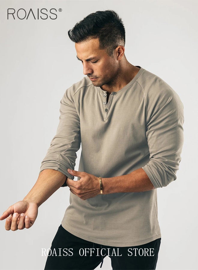 Men Long Sleeve Henley Shirts Muscle Slim Fit V Neck Button Pure Cotton T Shirt Fitness Bottoming Elastic Shirt for Gym or Casual Time