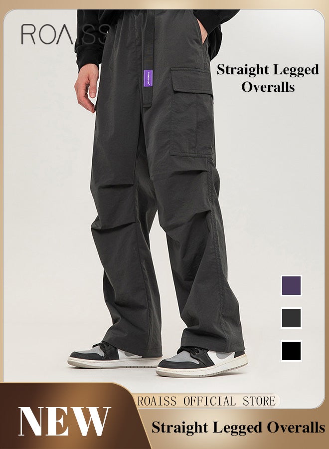 Drawstring Waist Straight Leg Cargo Pants for Men Casual Streetwear Trousers with Flap Pockets with Retro Pleated Elements