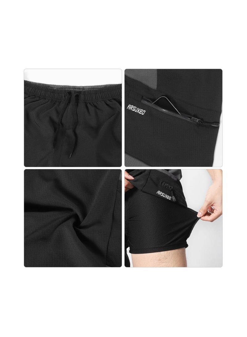 2 In 1 Padded Bike Shorts with Pockets Men Breathable Exercise Shorts for Training Biking Cycling L