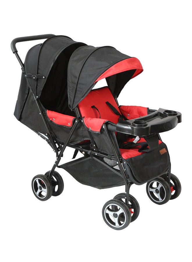 Luxury Canopy Pair Twin Stroller With Removable Armrest or Tray - Fire Red