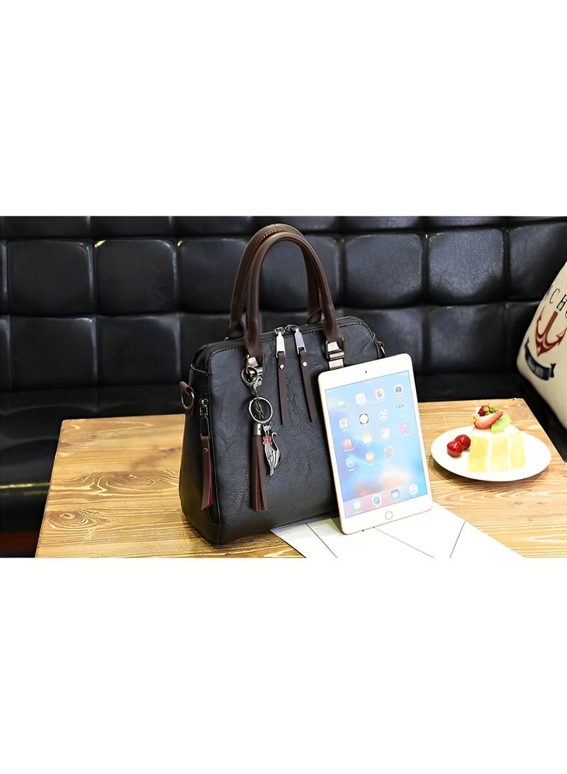 Women's Leather Tote Handbag Crossbody Bags with Little fox Pendant Satchel Shoulder Bag with Adjustable Strap & Large Capacity Trendy Commute Handbag