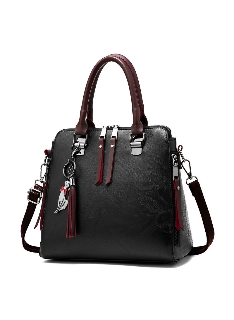 Women's Leather Tote Handbag Crossbody Bags with Little fox Pendant Satchel Shoulder Bag with Adjustable Strap & Large Capacity Trendy Commute Handbag