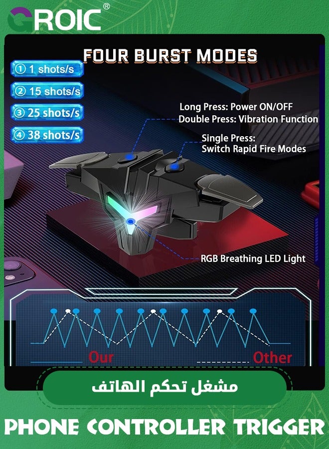 Mobile Gaming Triggers for iPhone/Android, Shooter Sensitive Controller Joysticks Aim & Fire Trigger for PUBG, COD, Fortnte, with RGB Light & Shooting Vibration Function, Zero Latency, 4 Burst Modes