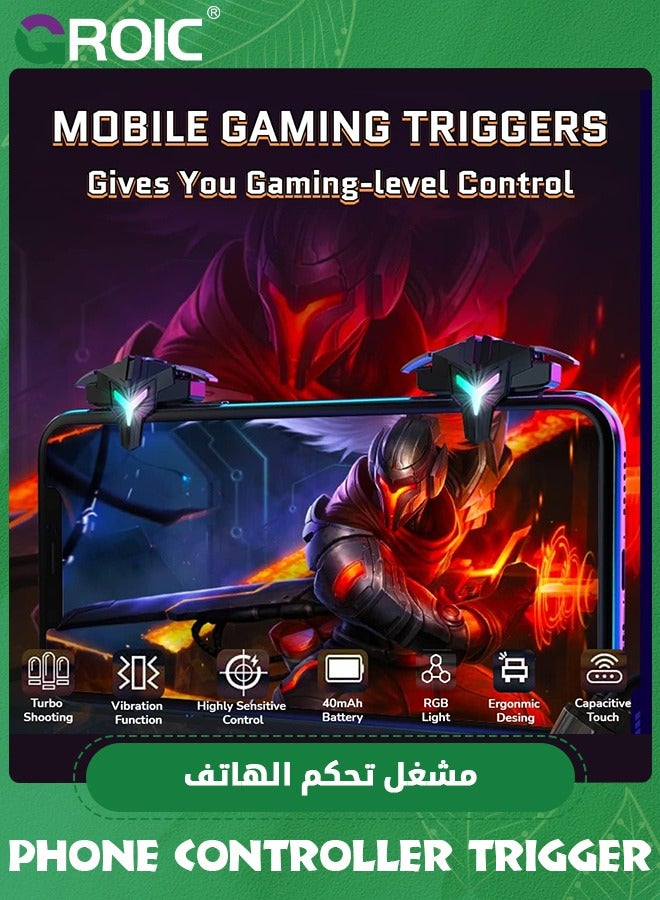 Mobile Gaming Triggers for iPhone/Android, Shooter Sensitive Controller Joysticks Aim & Fire Trigger for PUBG, COD, Fortnte, with RGB Light & Shooting Vibration Function, Zero Latency, 4 Burst Modes
