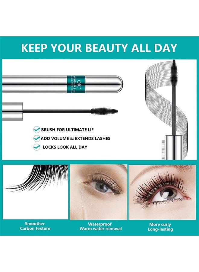 2PCS 4D Silk Fiber Lash Mascara,2 in 1 Thrive Mascara For Natural Lengthening And Thickening Effect,no clumping Superstrong Waterproof Mascara for Long-Lasting,Beauty Charming Eye Make up