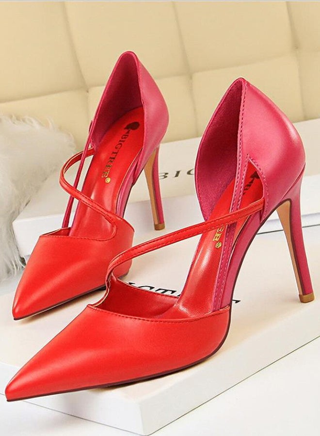 Colour Block Pointed Toe Thin Heel Shoes Red