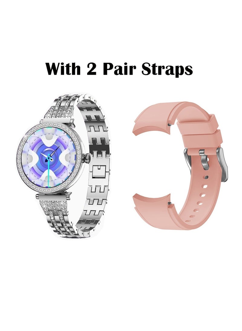 Gtab GT10 Diamond Edition Ladies Smart Watch 1.2 Inch Round Shape AMOLED Display With Fashion Bracelet 2  Pair Straps and Wireless Charger Silver