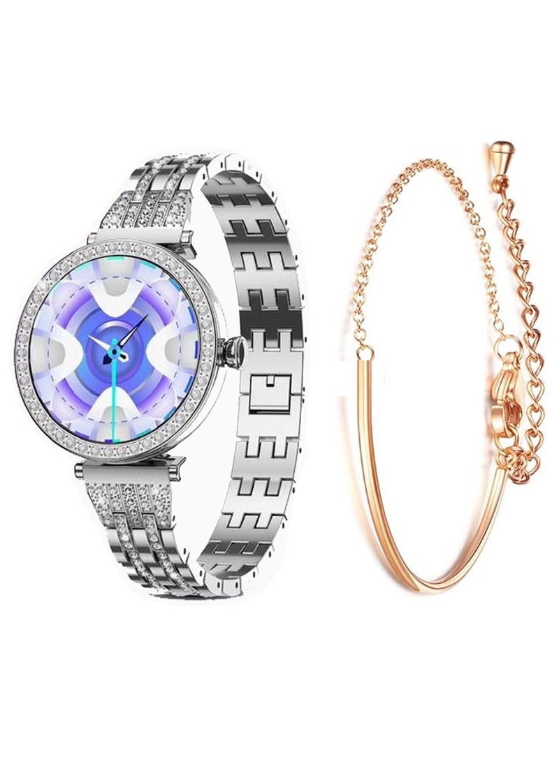 Gtab GT10 Diamond Edition Ladies Smart Watch 1.2 Inch Round Shape AMOLED Display With Fashion Bracelet 2  Pair Straps and Wireless Charger Silver