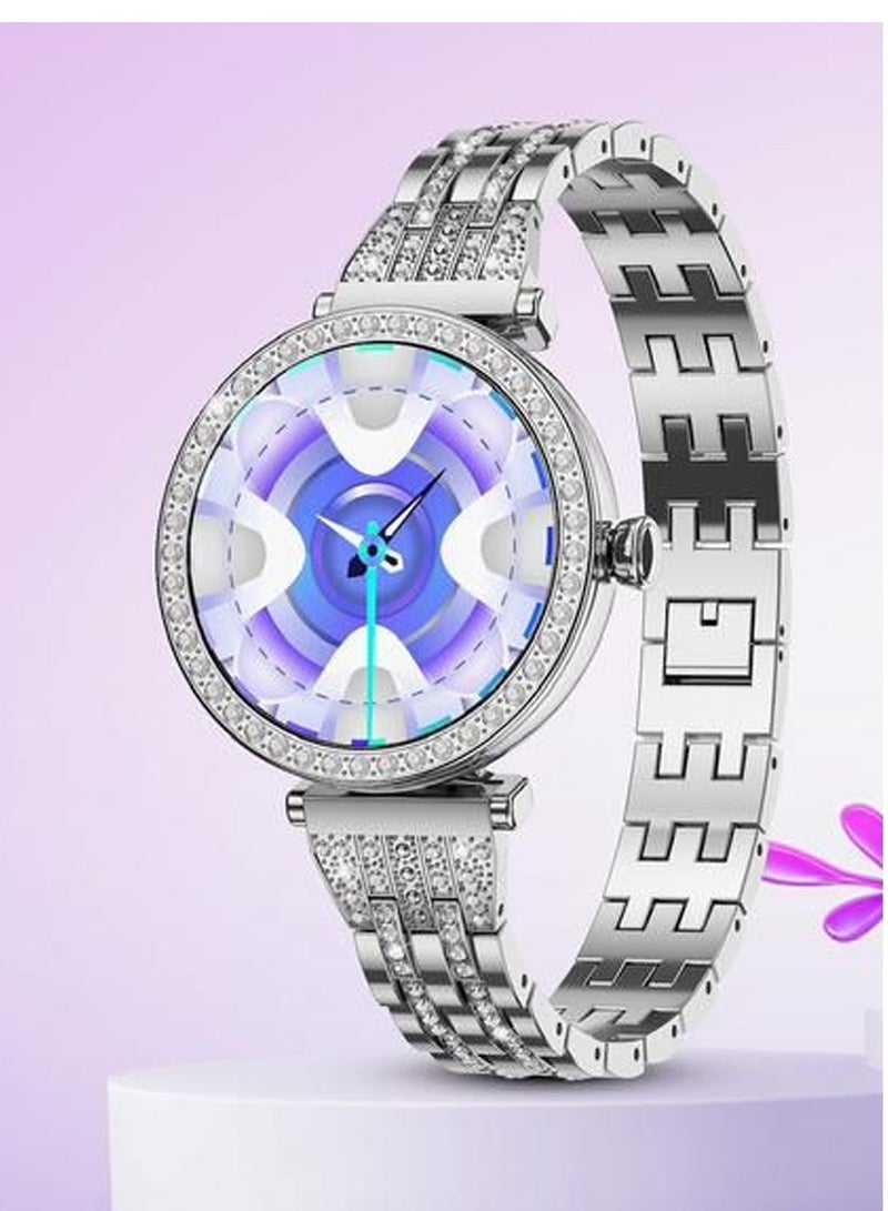 Gtab GT10 Diamond Edition Ladies Smart Watch 1.2 Inch Round Shape AMOLED Display With Fashion Bracelet 2  Pair Straps and Wireless Charger Silver